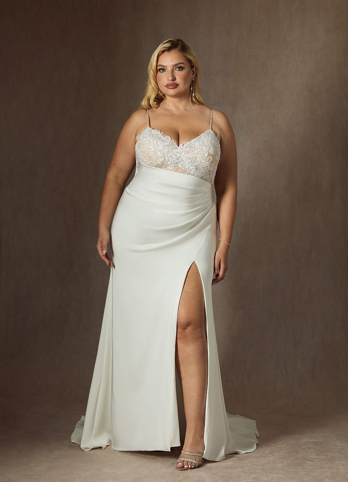 Azazie Nyx Diamond White Champagne Mermaid V-Neck Sequins Stretch