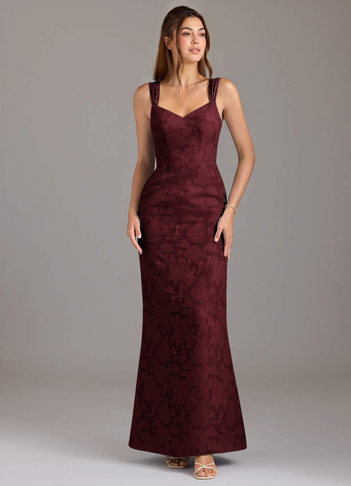 Azazie Denice Bridesmaid Dresses Cabernet A-Line Pleated Floral Burnout Dress image1