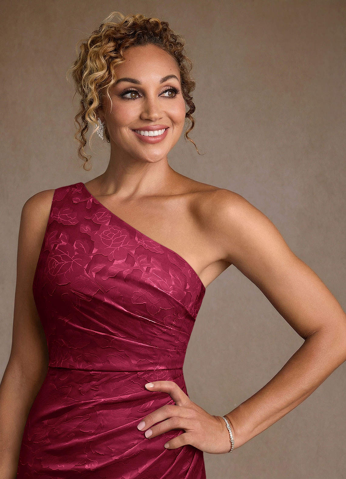 Azazie Joylin Burgundy Trumpet One Shoulder Floral Burnout Dress