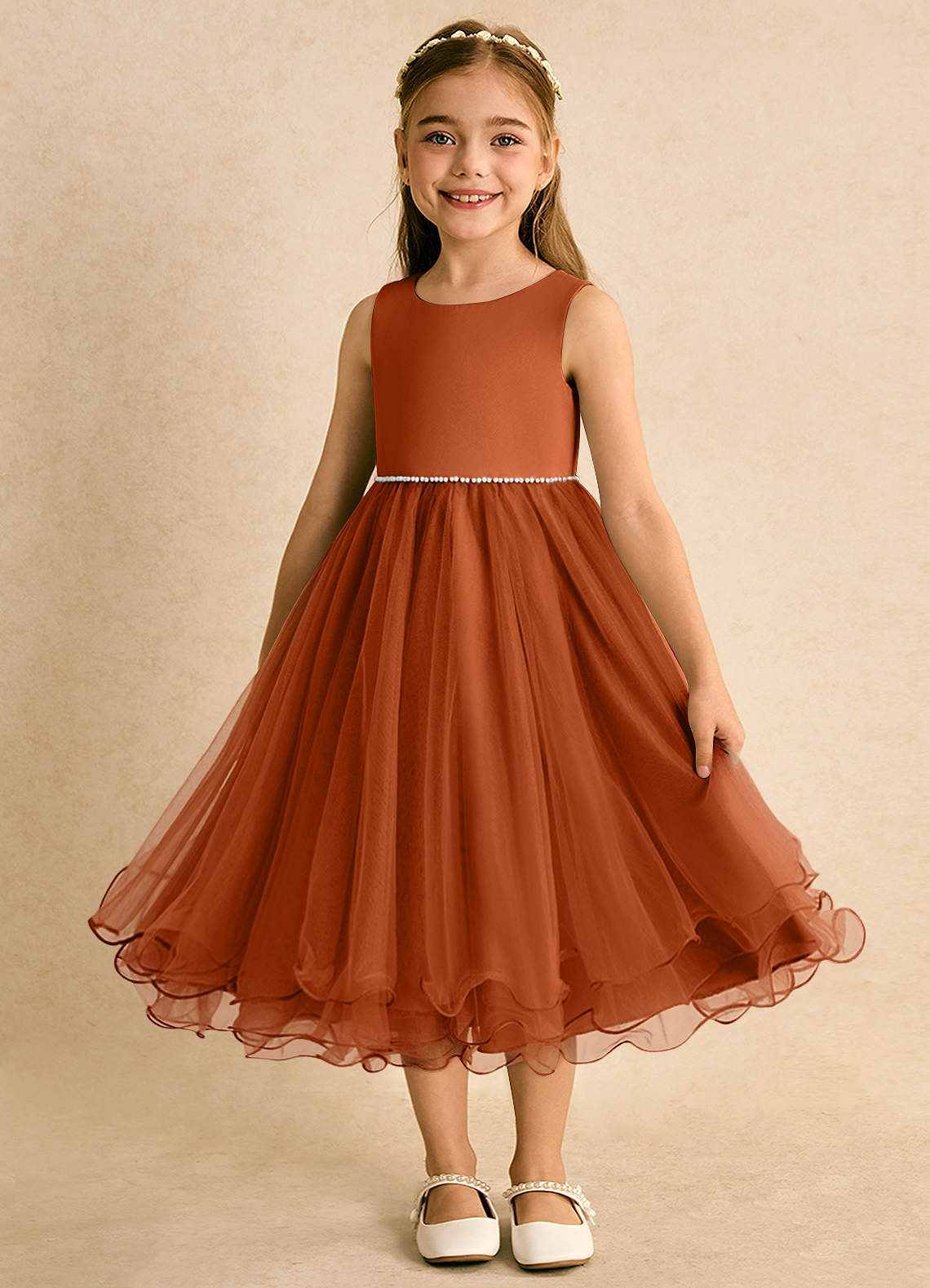 Azazie Lass Flower Girl Dresses Burnt Orange A-Line Bow Tulle Dress image4