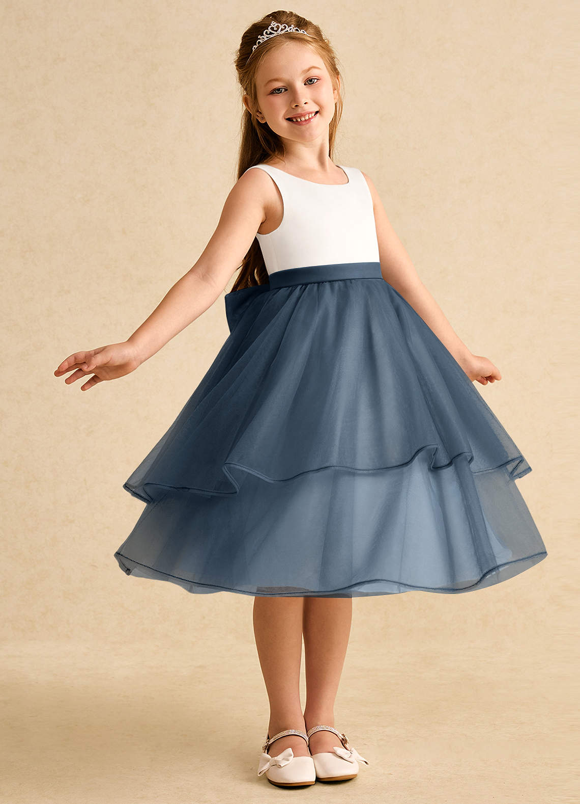 Azazie Rene Flower Girl Dresses Ivory Neptune A-Line Bow Tulle Dress image1