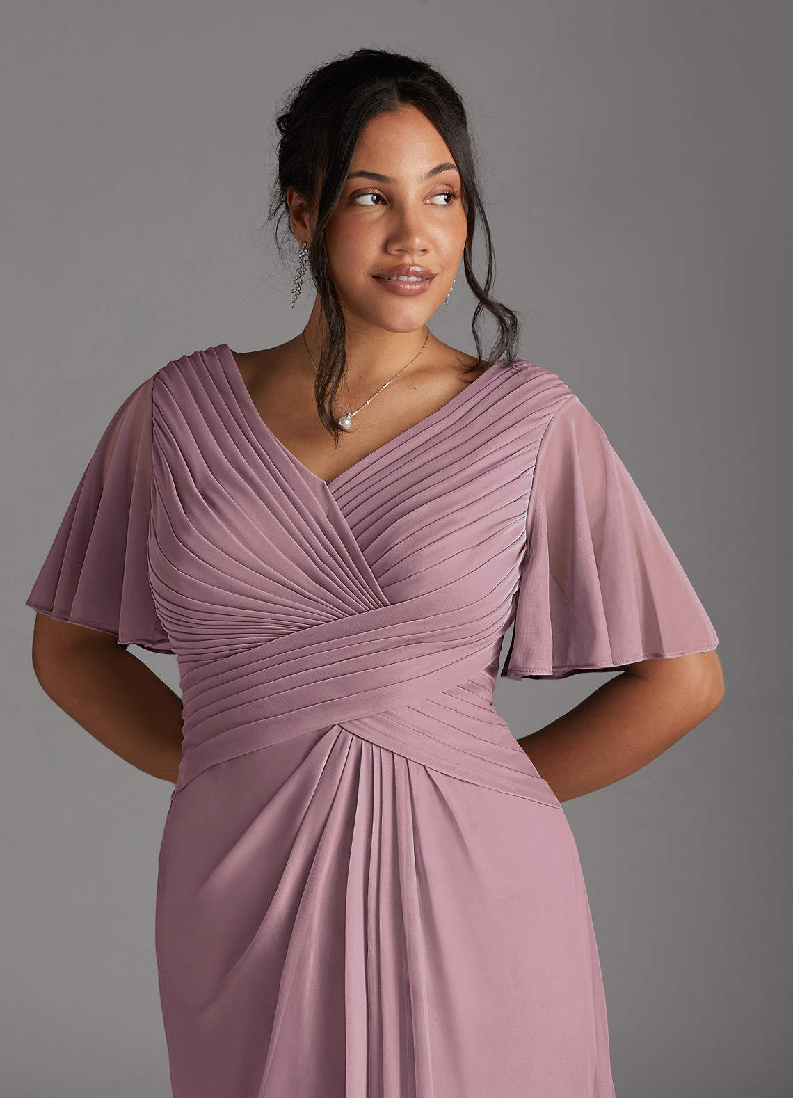 Azazie Emmeline Mother of the Bride Dresses Dusty Rose A-Line V-Neck Pleated Mesh Dress image9