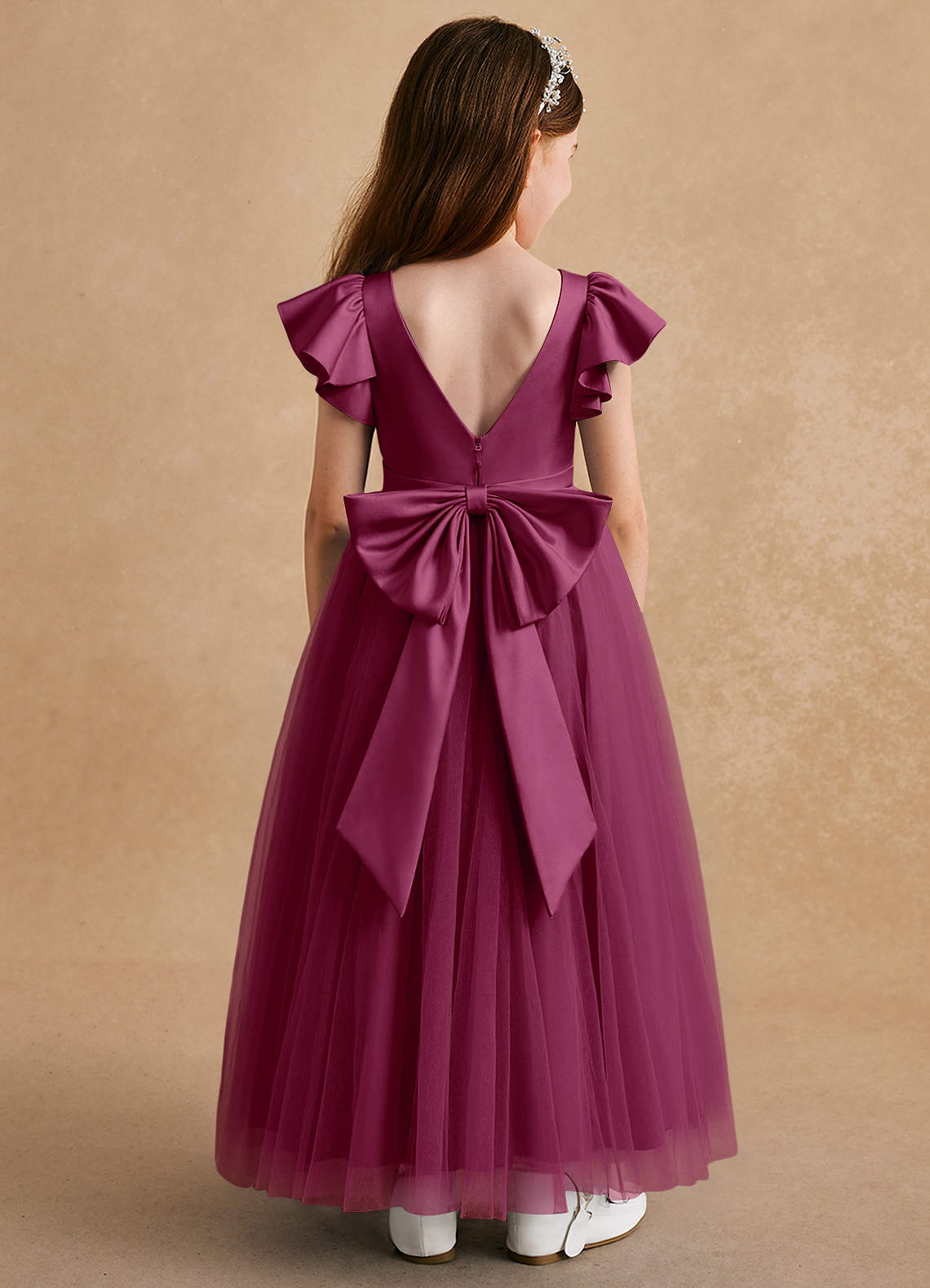 Azazie Suzy Blumenmädchenkleider A-Linie mit ärmel Tüll Kleid Maulbeerrot image1