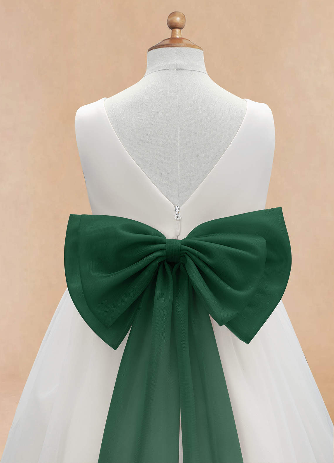 Azazie Kavi Flower Girl Dresses Ivory Dark Green A-Line Bow Matte Satin Dress image9