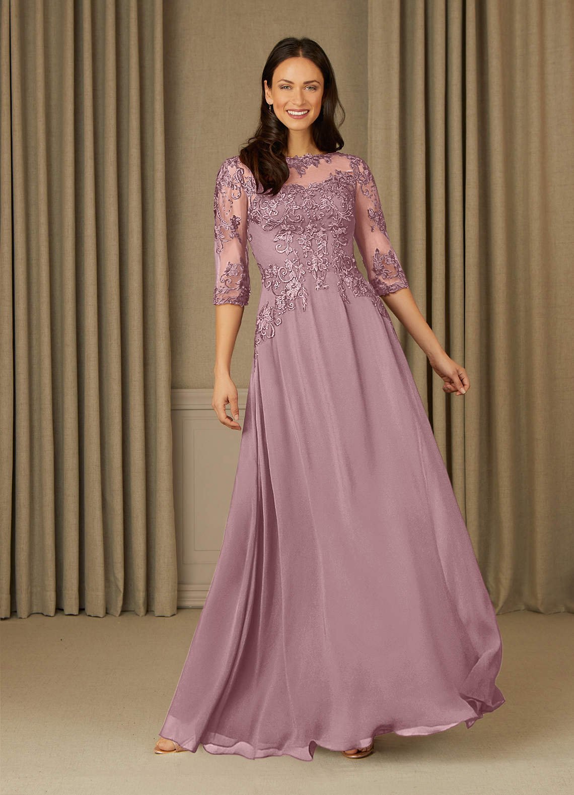 Azazie Dorella vestidos de madre de la novia Vestido de Rosa Polvorienta de Gasa de Corte En A con Encaje image1