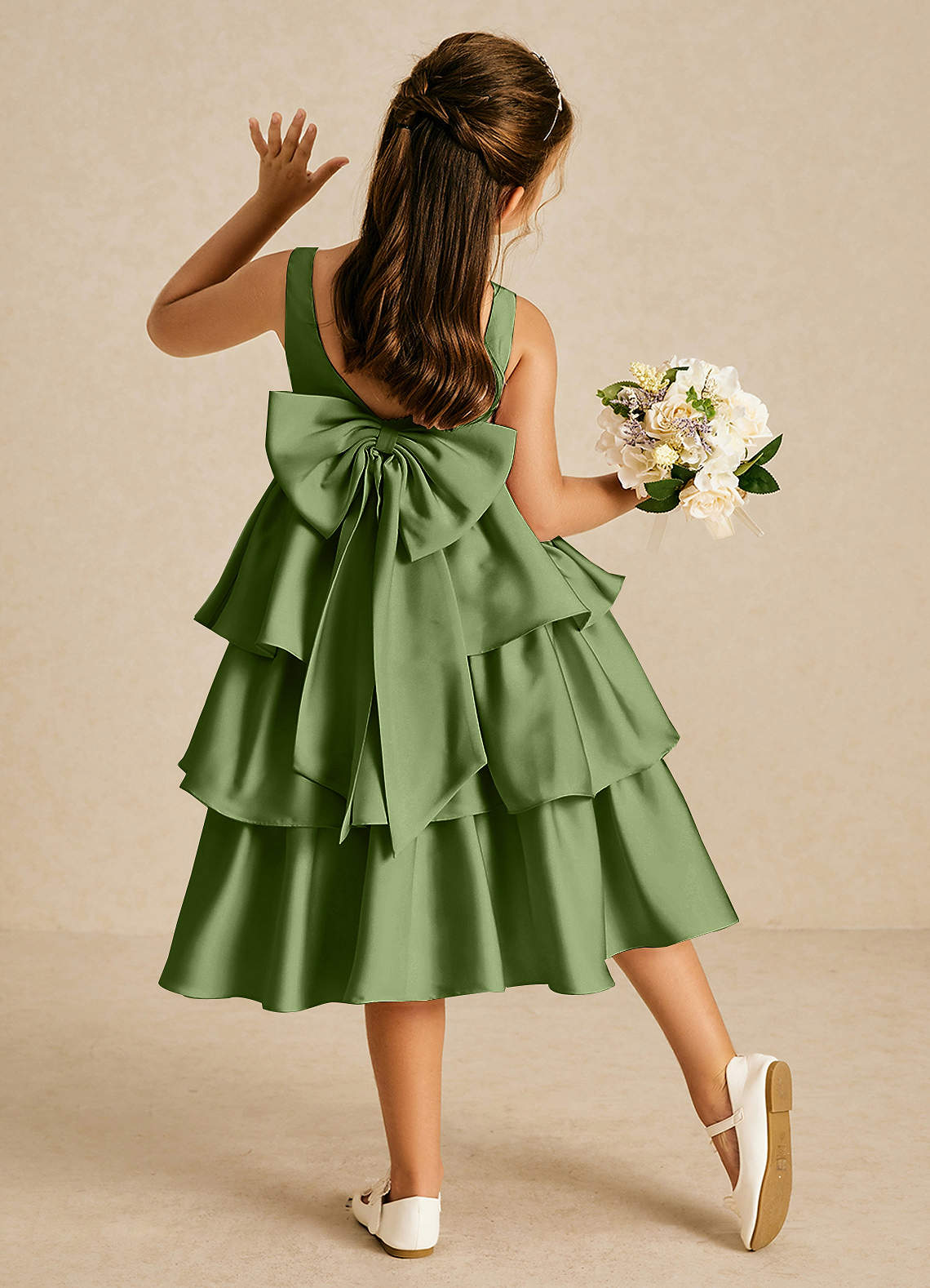 Azazie Margery Flower Girl Dresses Juniper A-Line Bow Stretch Satin Dress image1