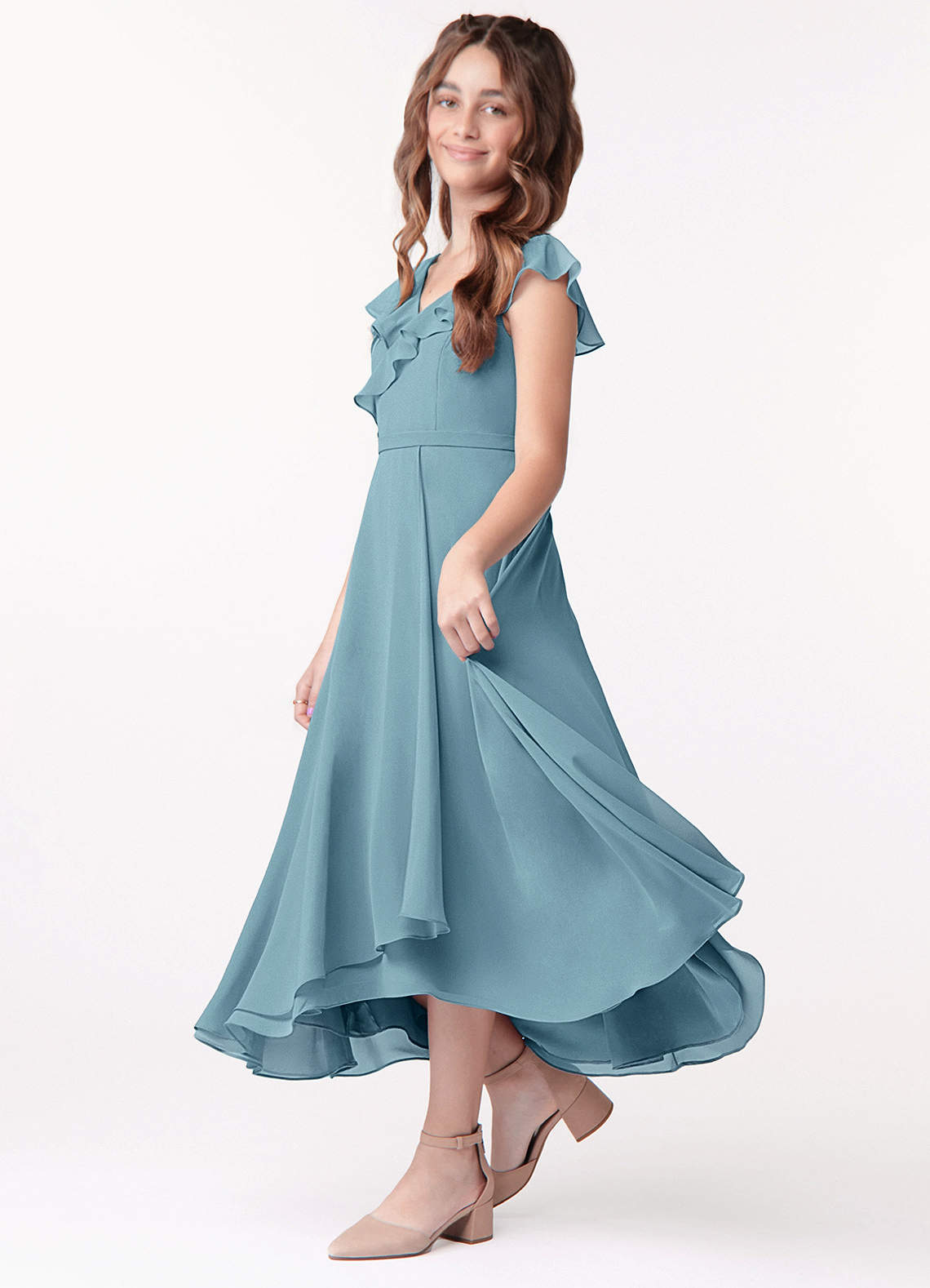 Azazie Posie Junior A-Linie Gestreift Chiffon Kleid Stimmungsvolles Blau image1