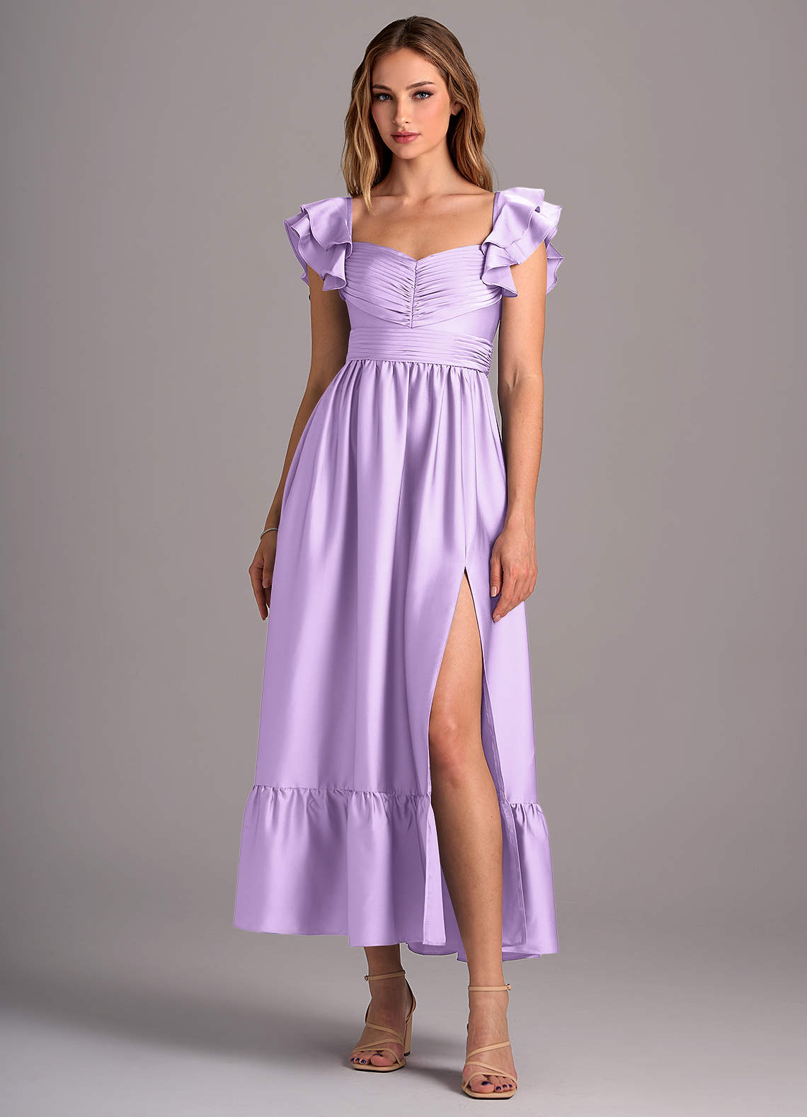 Azazie Anaya Robes de demoiselle d'honneur Robe Trapèze Convertible en Satin extensible Encolure en Forme de Cœur Lilas image1