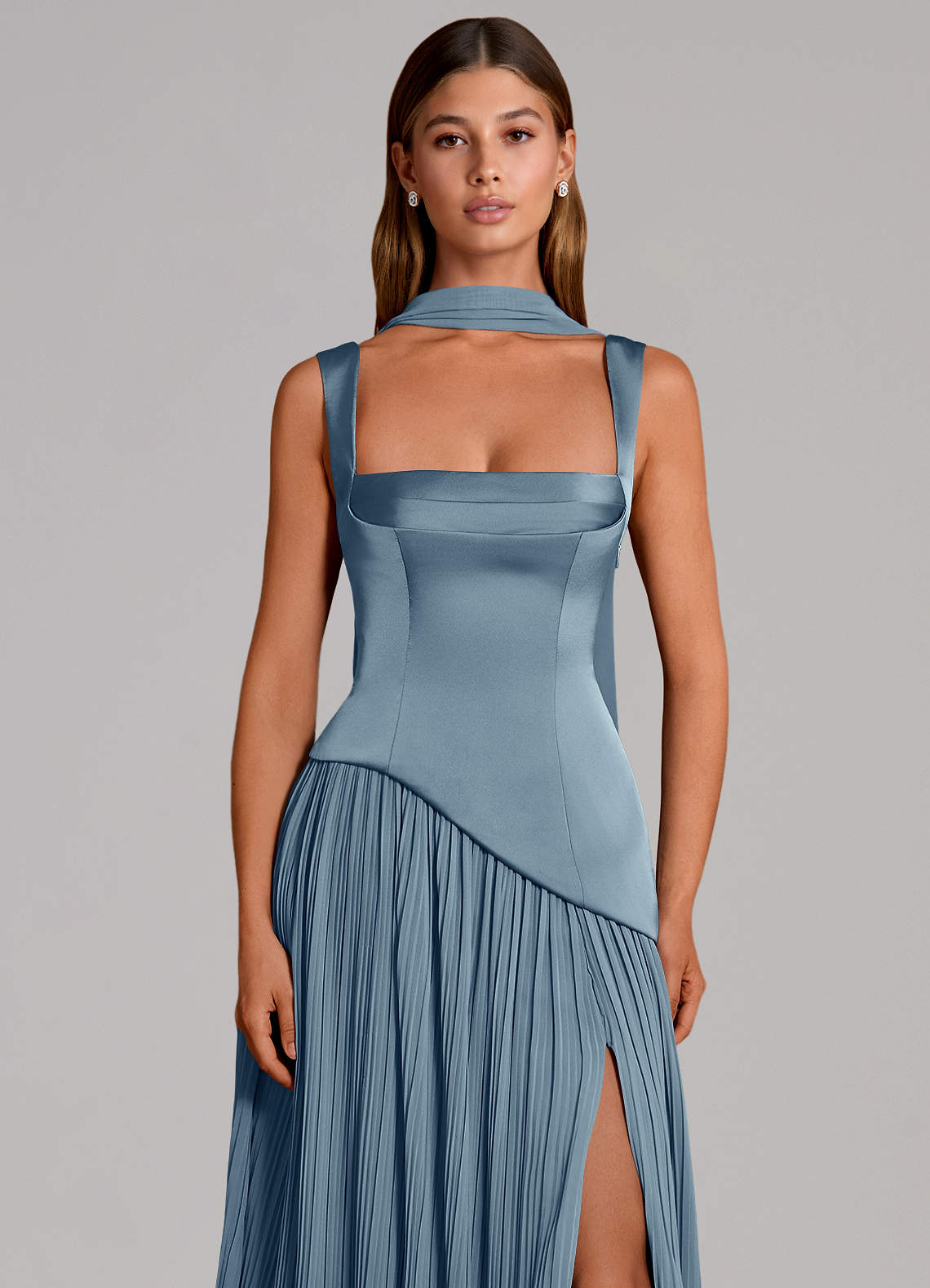 Azazie Stephanie Bridesmaid Dresses Dusty Blue A-Line Pleated Stretch Satin Dress image5