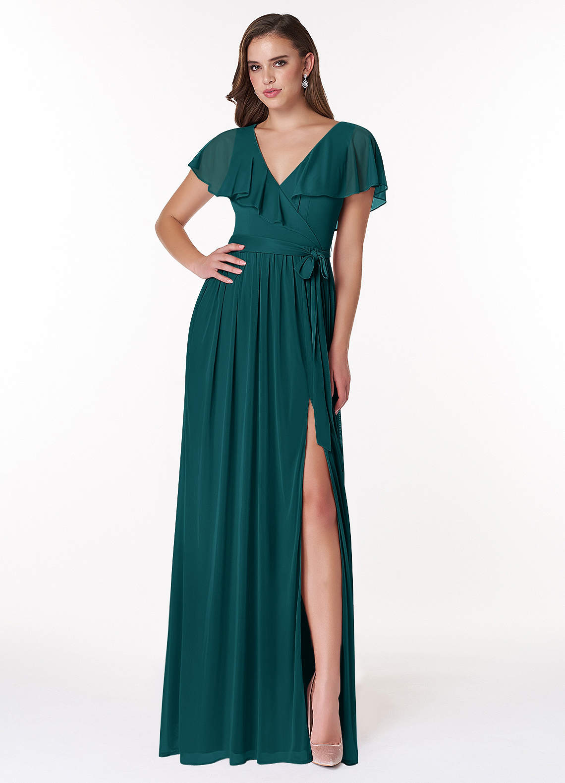 Azazie Jael Bridesmaid Dresses Peacock A-Line V-Neck Mesh Dress image1