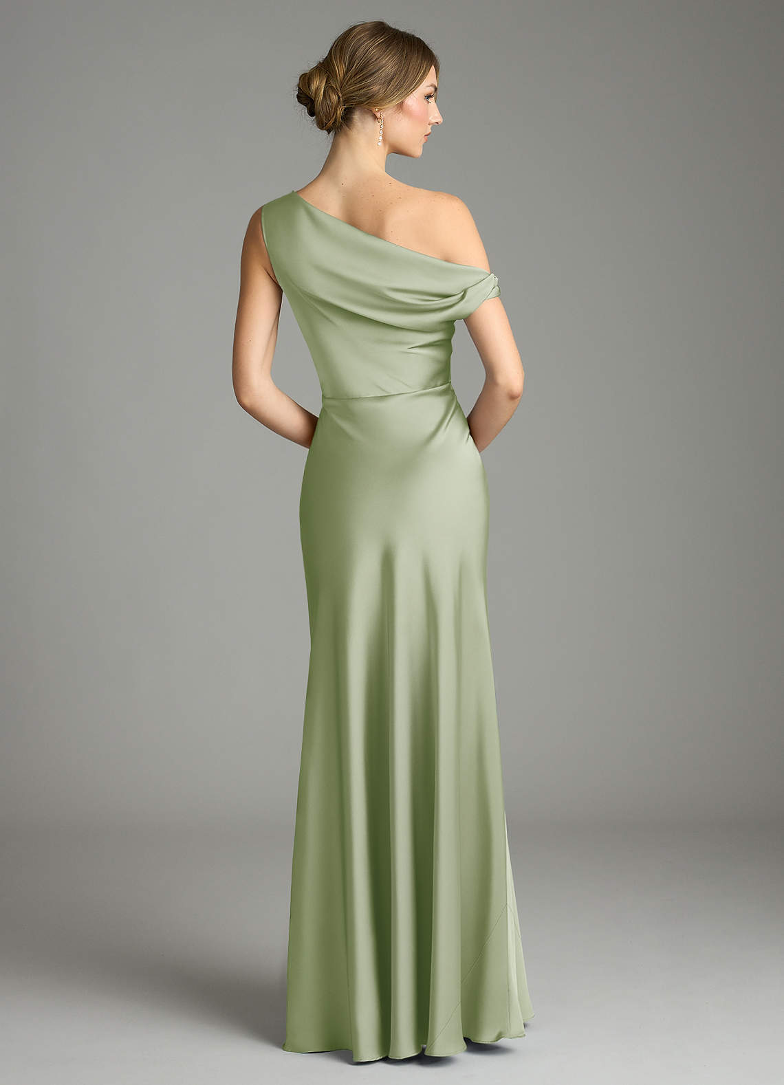 Azazie Emerson Bridesmaid Dresses Dusty Sage Mermaid Off the Shoulder Stretch Satin Dress image2