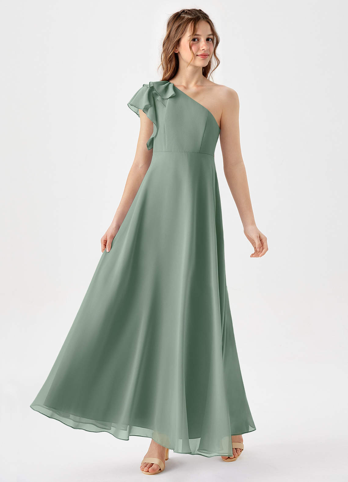 Azazie Arabella Junior Vestido Sálvia Prateada de Chiffon de Linha A com Franzido image3