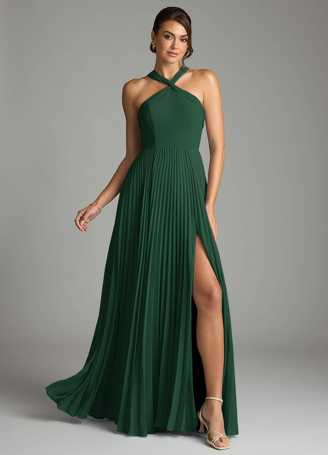 Azazie Afra Abiti da Damigella Abito A-Line in Chiffon Plissettato Verde Scuro image1