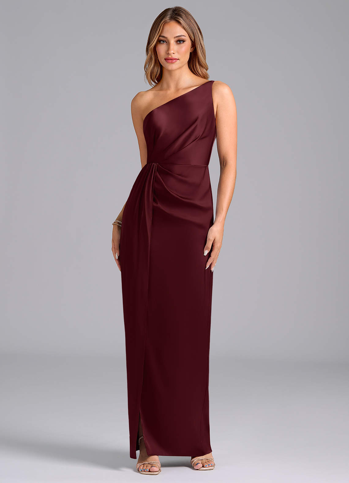 Azazie Naria Bridesmaid Dresses Cabernet Sheath One Shoulder Stretch Satin Dress image1