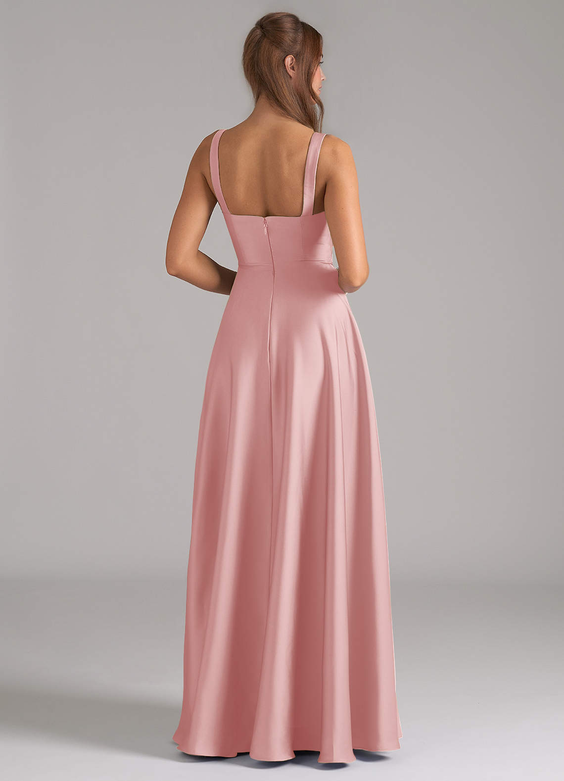 Azazie Shaude Bridesmaid Dresses Powder Pink A-Line Pleated Stretch Satin Dress image5