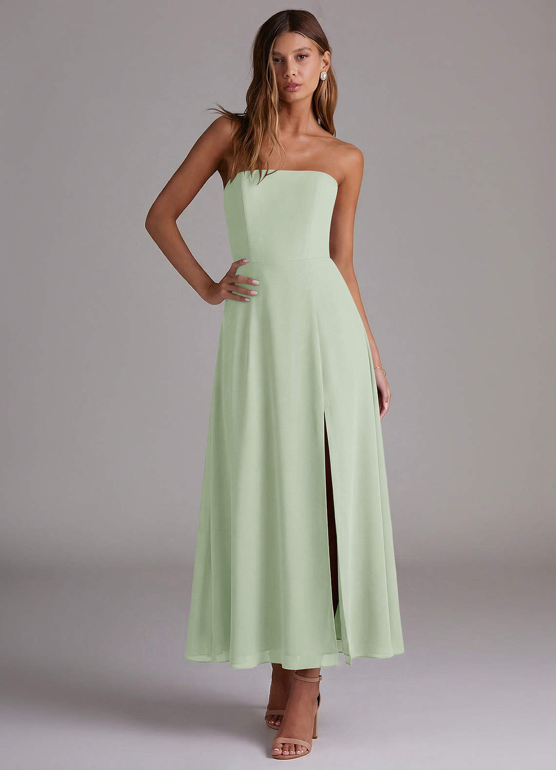 Azazie Wren Vestidos de madrinha de casamento Vestido Dusty Sage de Chiffon de Linha A com Sem alças image4
