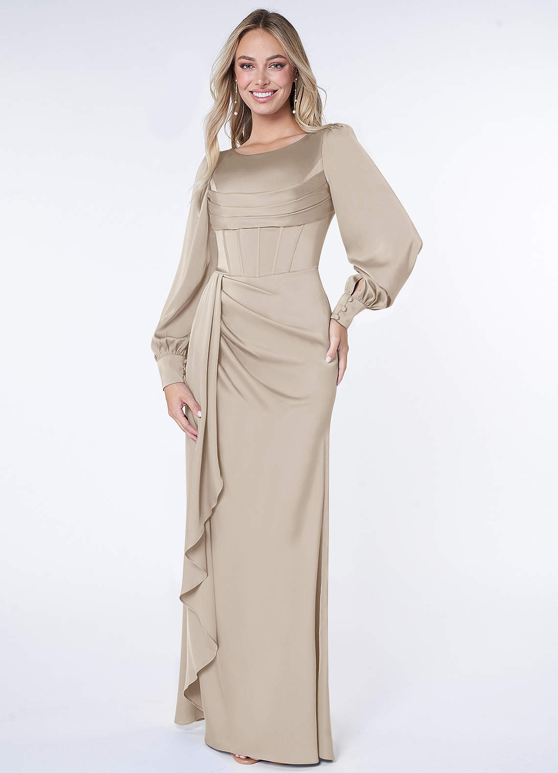 Azazie Raye Robes de demoiselle d'honneur Robe Sirène en Satin extensible Manche longue Givre image1