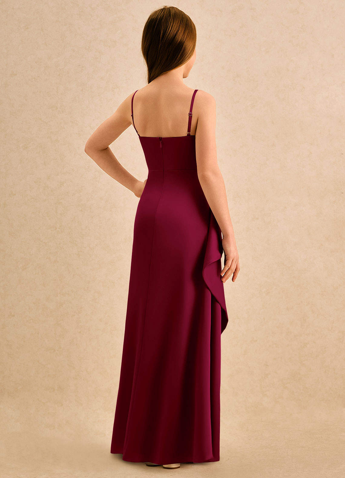 Azazie Cannoli Girls Formal Robe Demoiselle D'honneur Fillette Robe Trapèze en Satin extensible Plissée Bourgogne image1