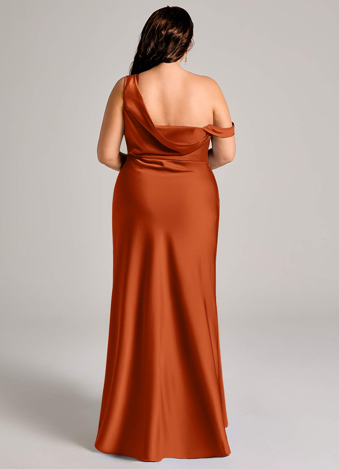 Azazie Madelyn Bridesmaid Dresses Burnt Orange Mermaid One Shoulder Stretch Satin Convertible Dress image15