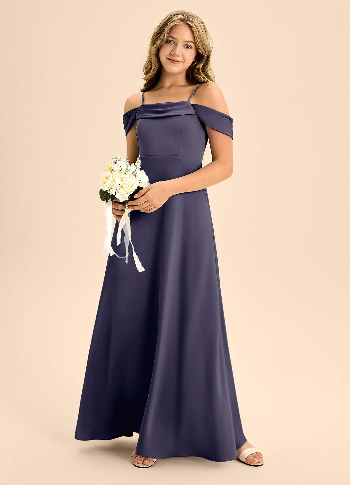 Azazie Anselie Junior Stormy A-Line Off the Shoulder Stretch Satin Dress image1