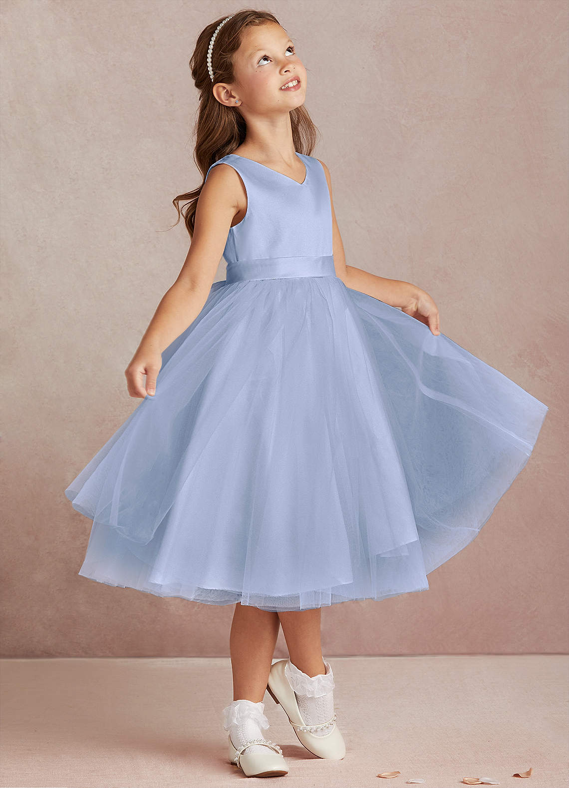 Azazie Marlee Flower Girl Dresses Ice A-Line Pleated Matte Satin Dress image1