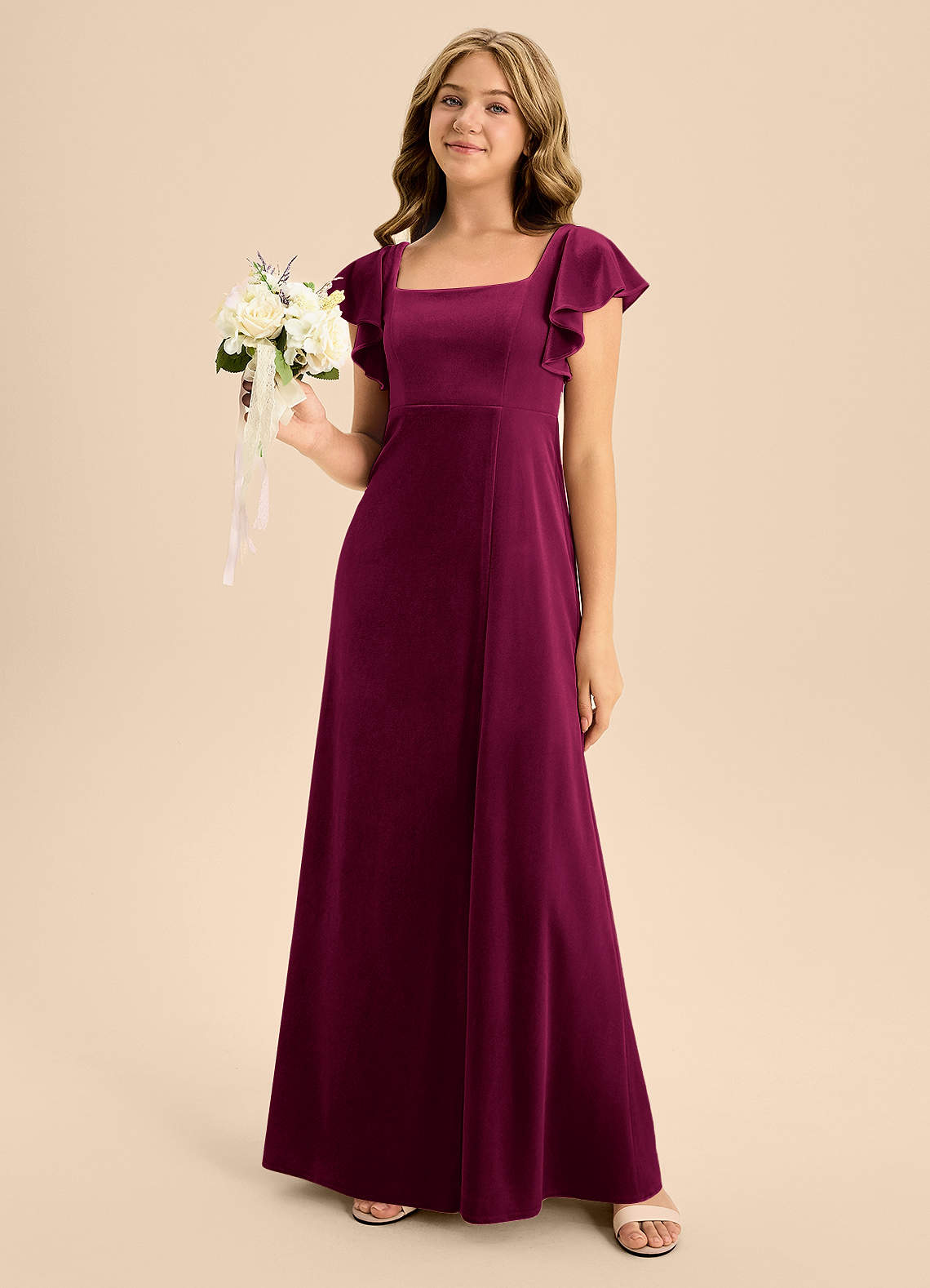 Azazie Bondi Junior Cabernet A-Line Bow Velvet Dress image1