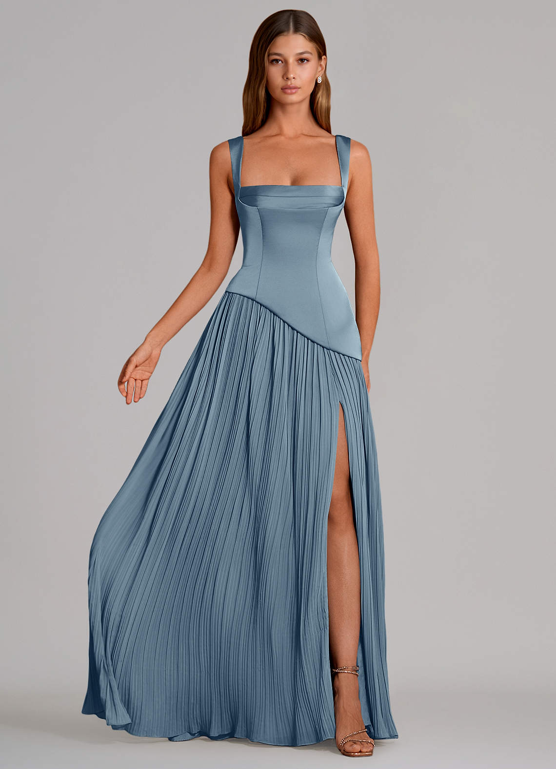 Azazie Stephanie Bridesmaid Dresses Dusty Blue A-Line Pleated Stretch Satin Dress image3