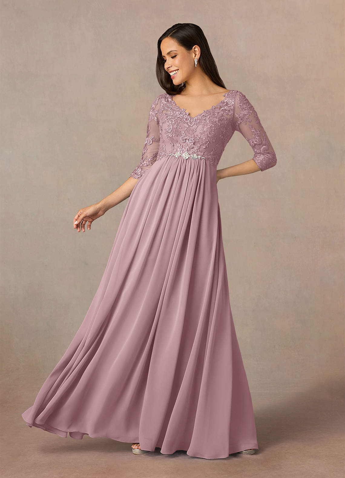 V-neck Dusty Rose Lace Chiffon A-line Bridesmaid Dresses