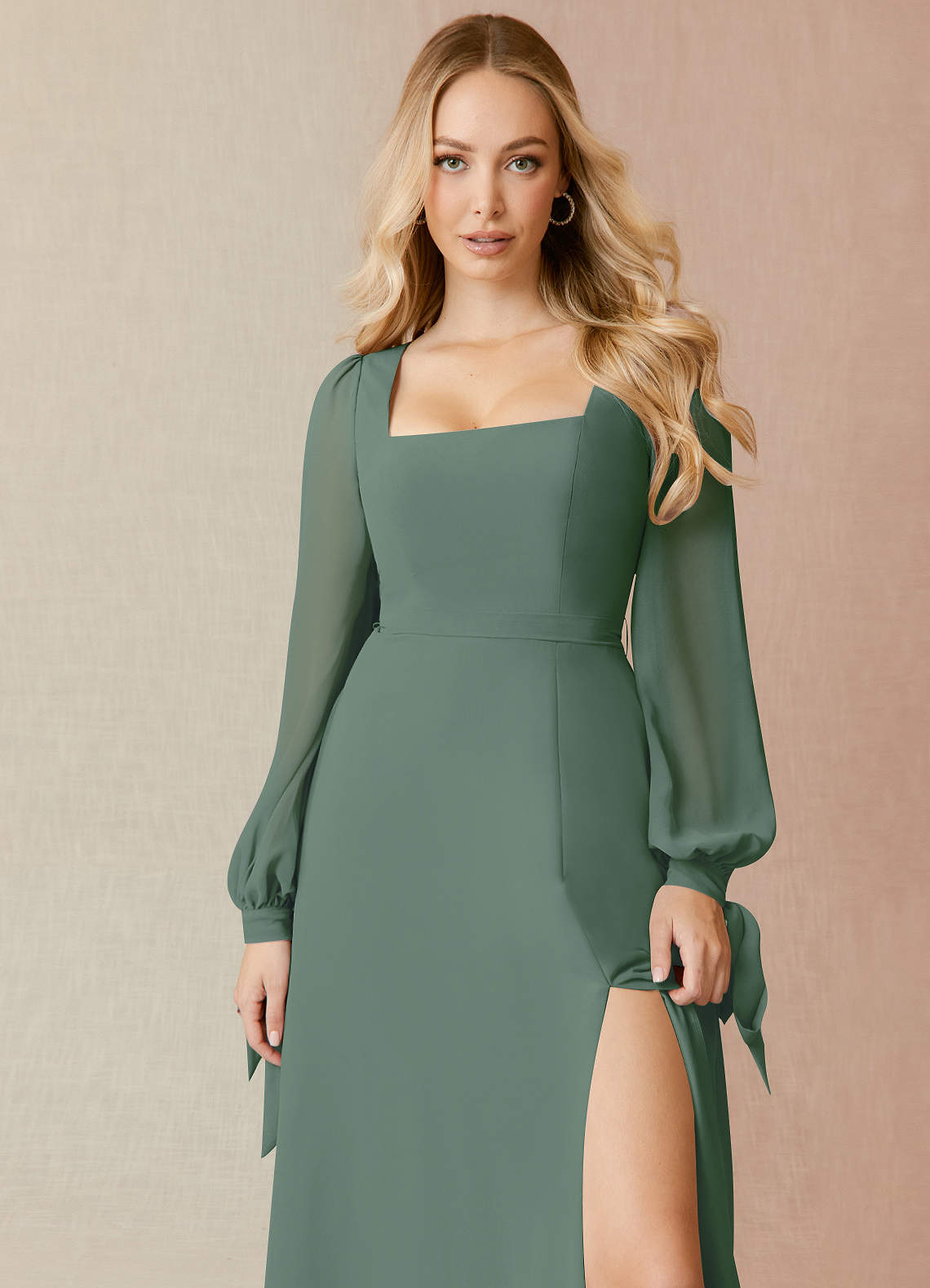 Azazie Leonia Bridesmaid Dresses Eucalyptus A-Line Long Sleeve Chiffon Dress image4