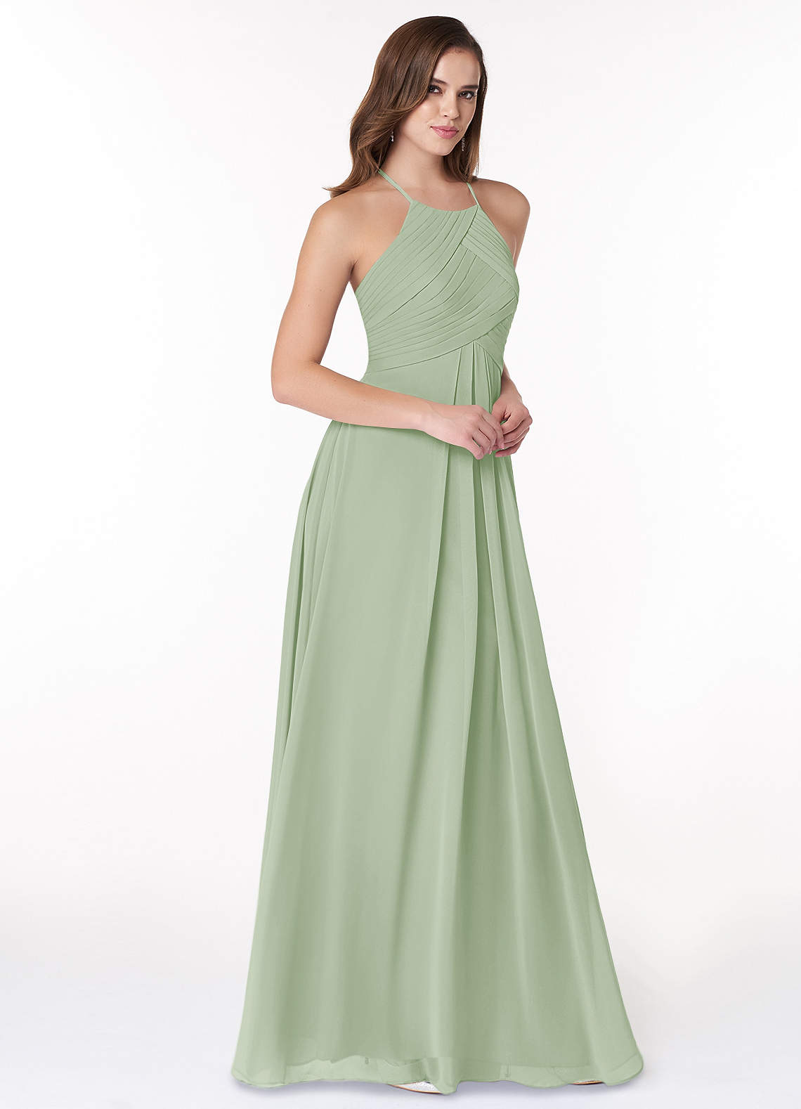 Azazie Ginger Bridesmaid Dresses Dusty Sage A-Line Halter Pleated Chiffon Dress image1