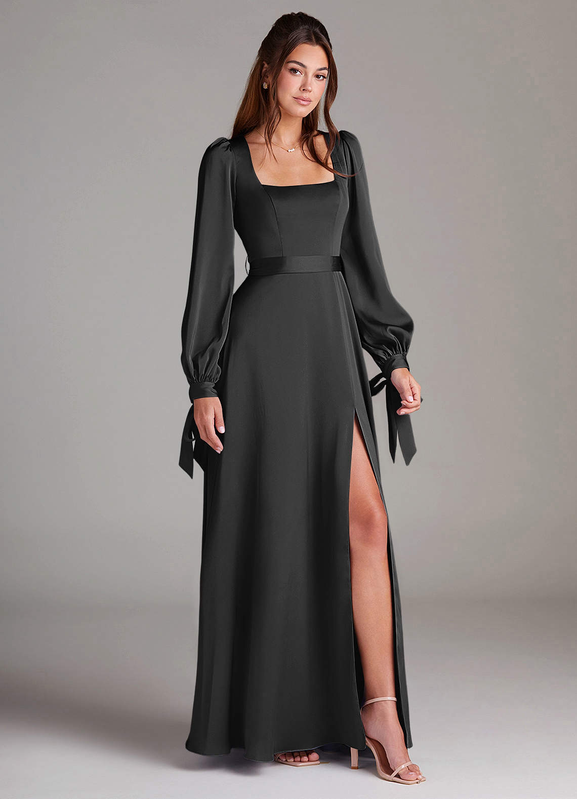Azazie A-Line Square Neck Long Sleeve Floor-Length Stretch Satin Bridesmaid Dresses - Black