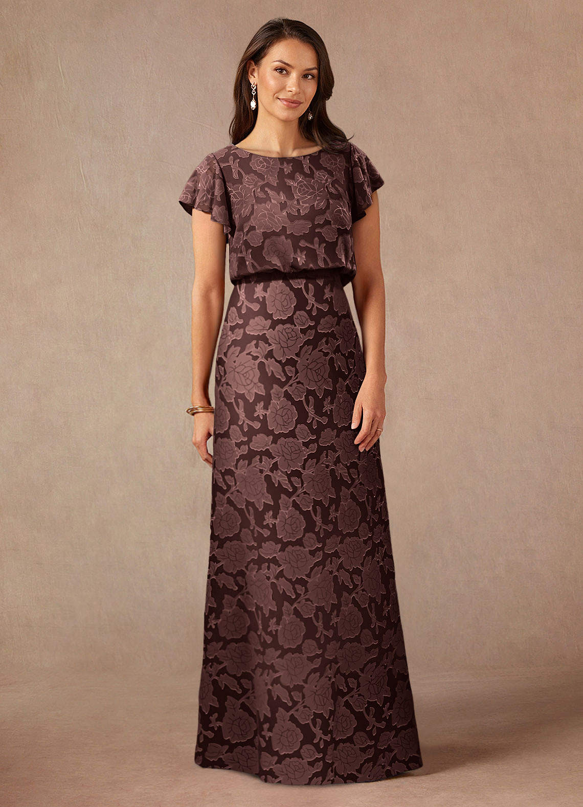 Azazie Lehi Mother of the Bride Dresses Espresso A-Line Boatneck Floral Burnout Dress image2