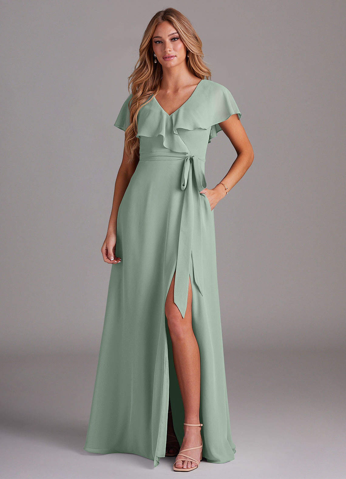Azazie Lainey Bridesmaid Dresses Agave A-Line with Pockets Chiffon Dress image1