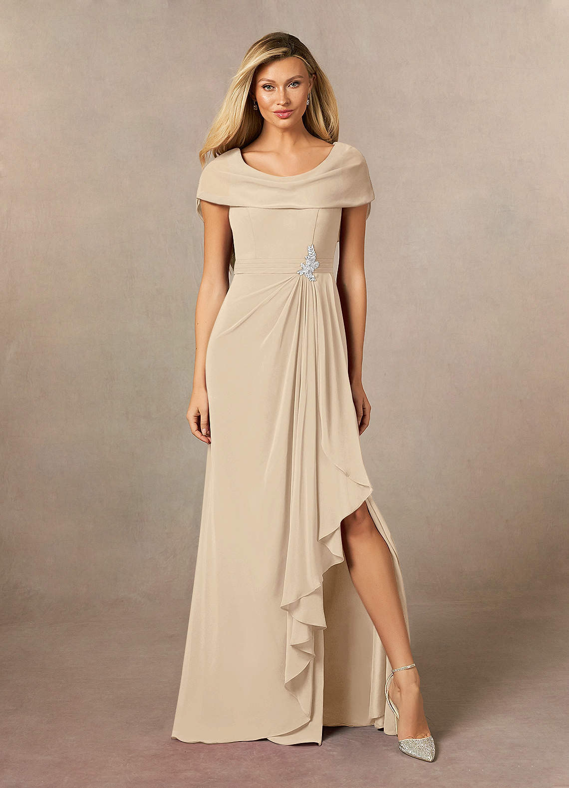 Azazie Mary Mother of the Bride Dresses Champagne A-Line Side Slit Chiffon Dress image1