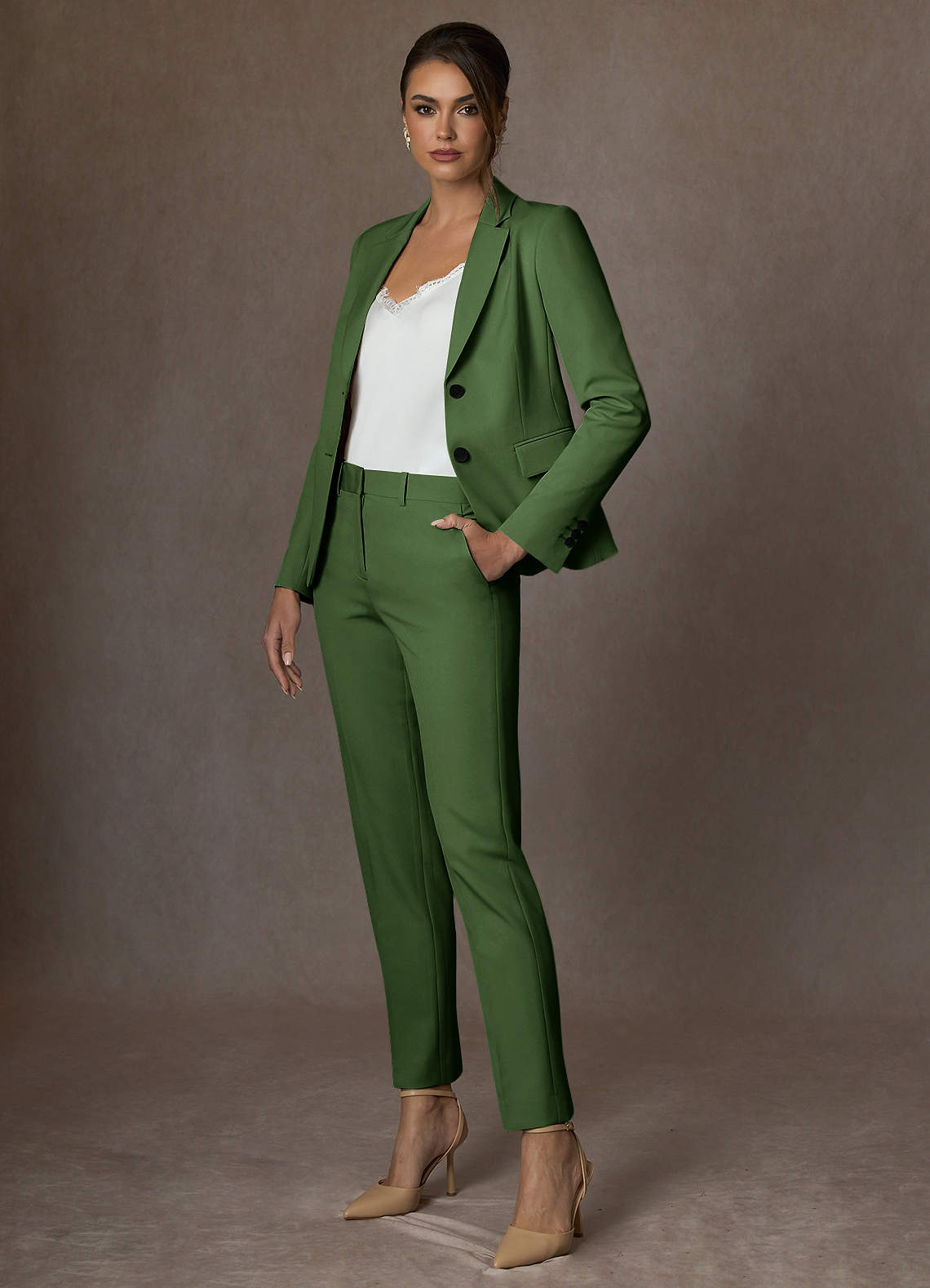front Whitney Olive Structured Stretch Full Length Pants Suit
