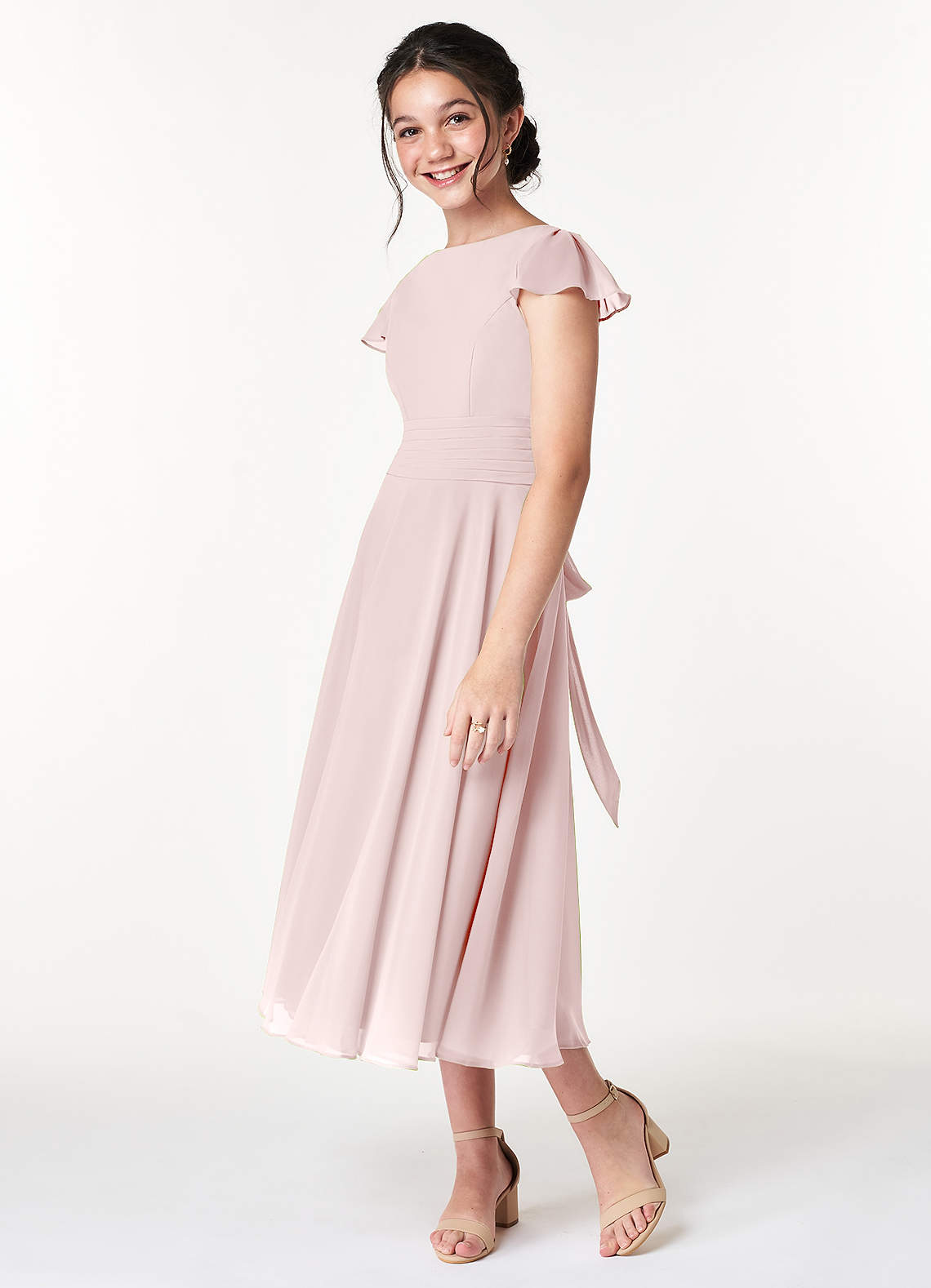 pink chiffon tea length dress Pink Chiffon Tea Length Dress: Lightweight Wedding Party Gown