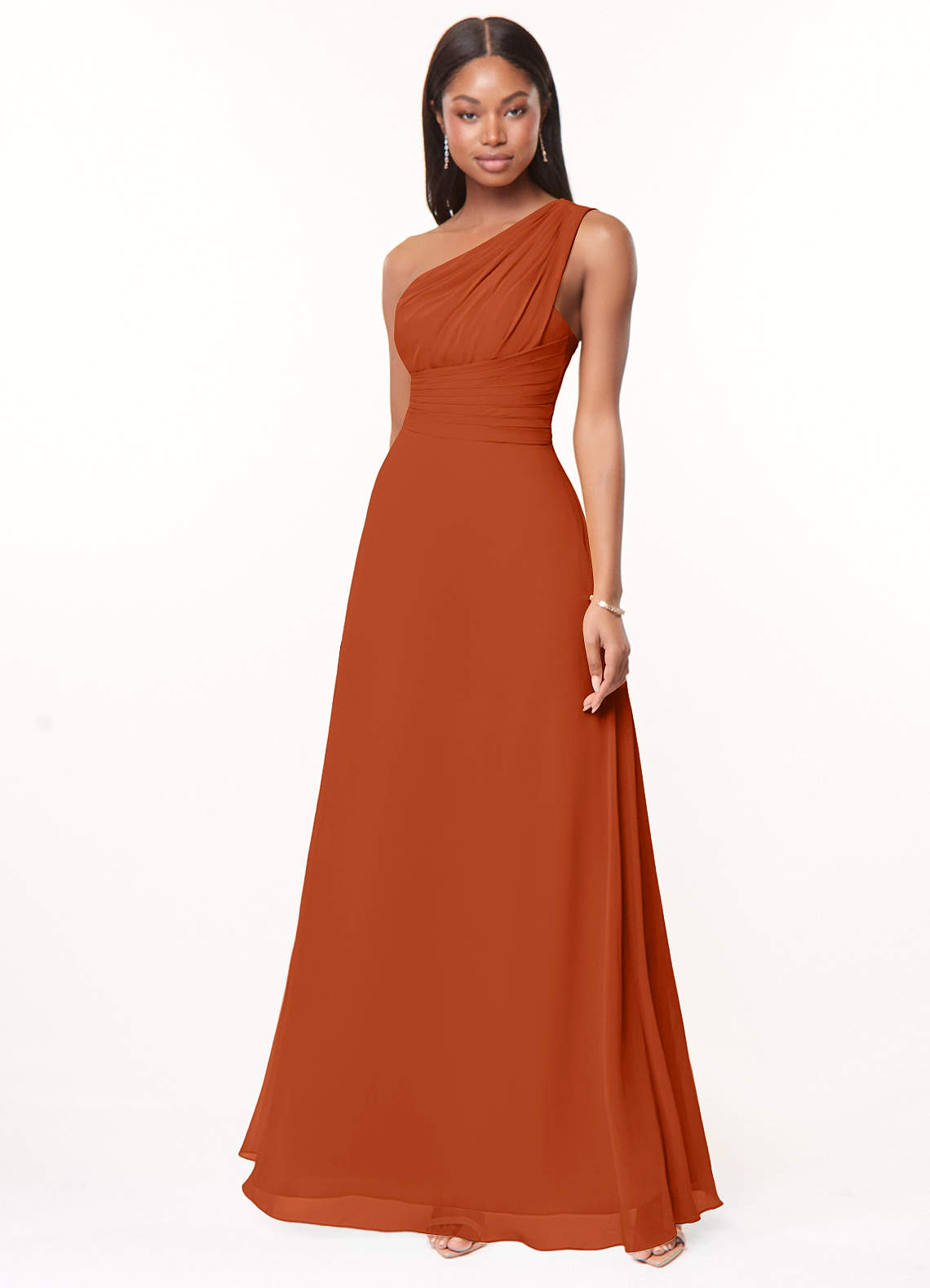 Azazie Ashley Bridesmaid Dresses Burnt Orange A-Line Ruched Chiffon Dress image1