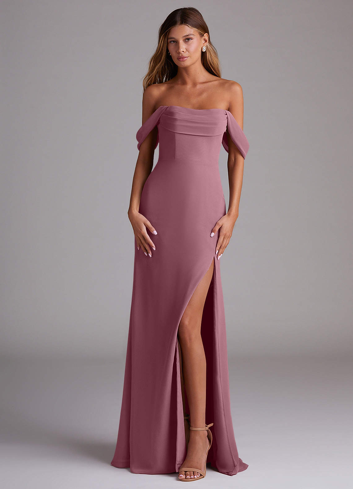 Azazie Saige Bridesmaid Dresses Vintage Mauve A-Line Off the Shoulder Chiffon Convertible Dress image1