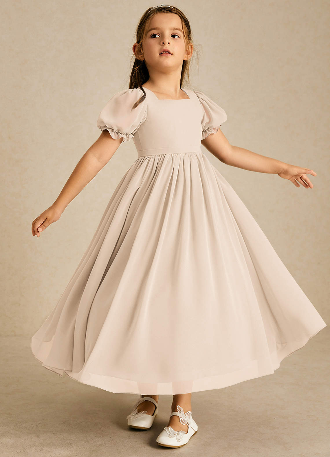 Azazie Joss Flower Girl Dresses White Alabaster A-Line with Sleeves Chiffon Dress image2