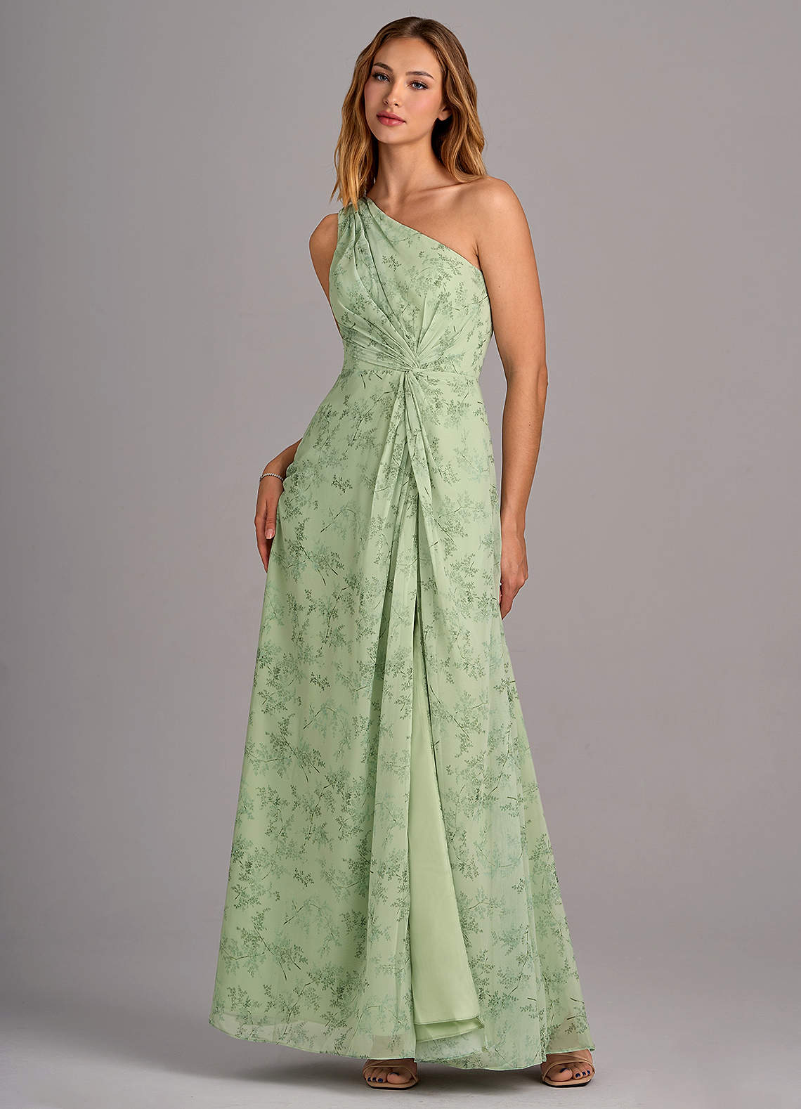 Azazie Brooke Bridesmaid Dresses Green Fern Floral A-Line One Shoulder Chiffon Dress image2