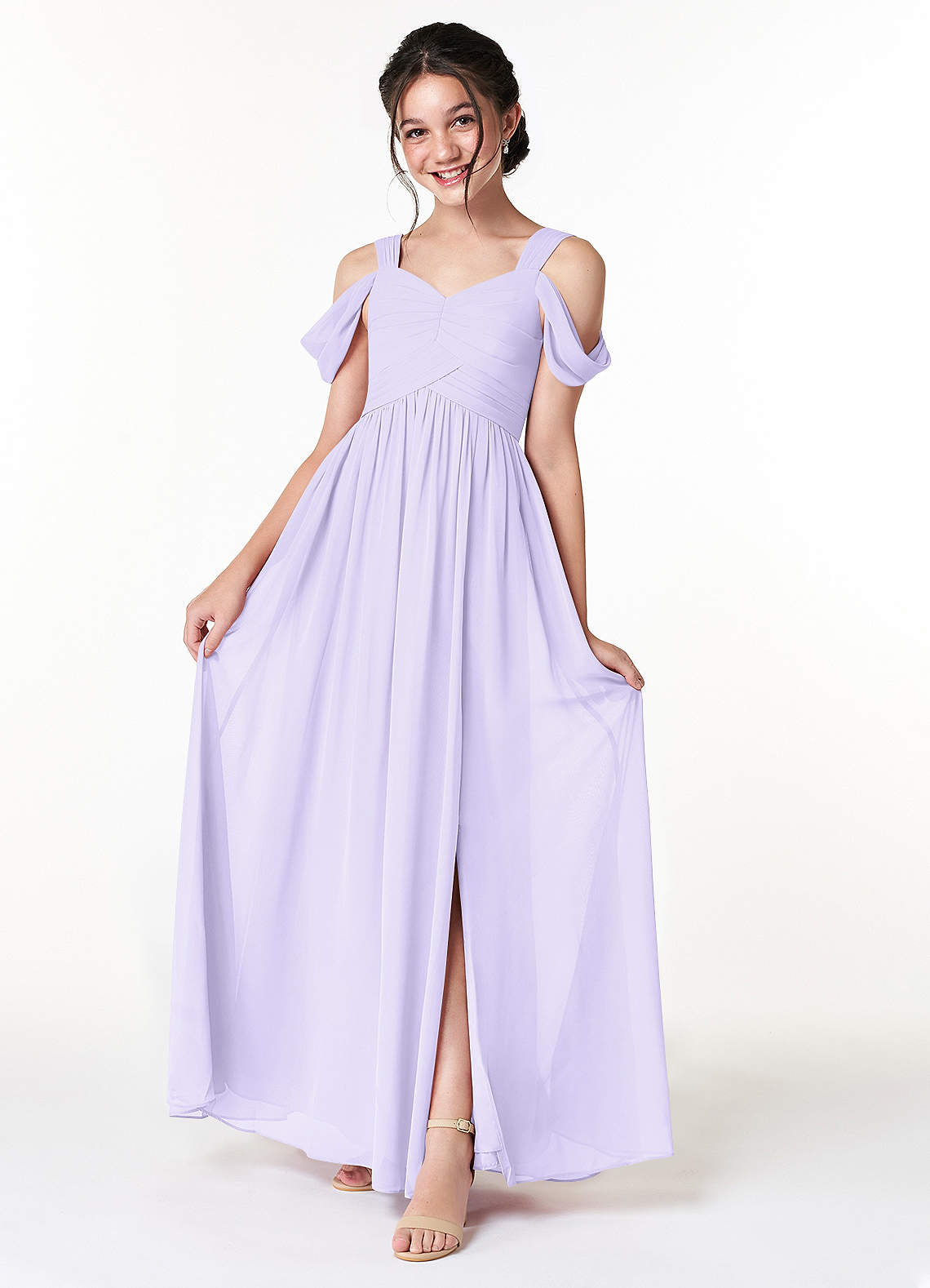Azazie Lianne Junior Lilac A-Line Off the Shoulder Chiffon Dress image1