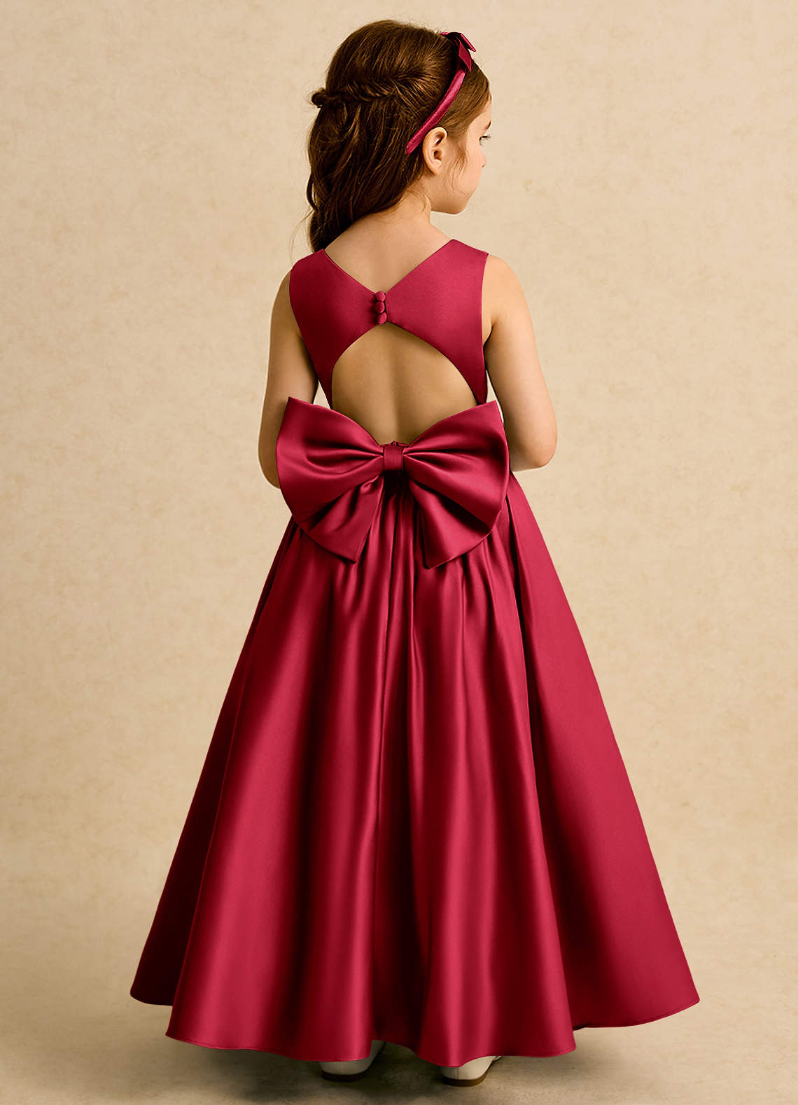 Azazie Nellia Flower Girl Dresses Scarlet A-Line Bow Matte Satin Dress image1
