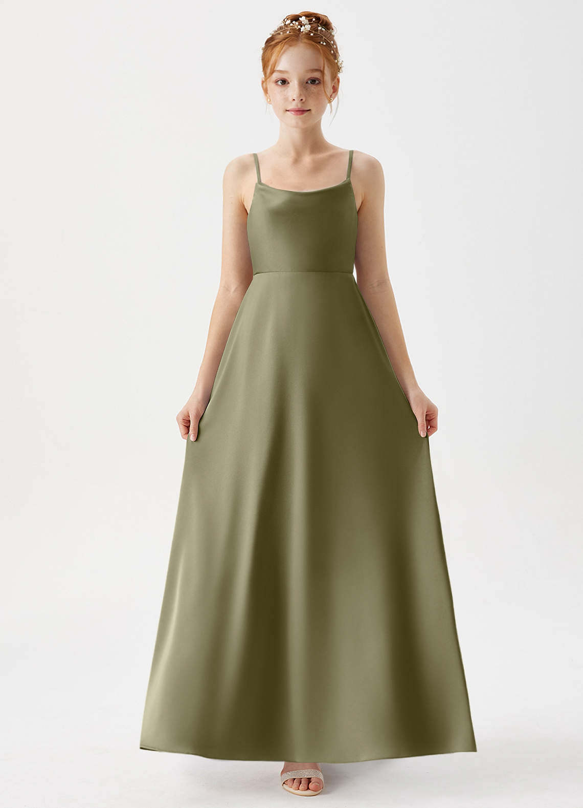 Azazie Shale Junior Pistachio A-Line Stretch Satin Dress image4