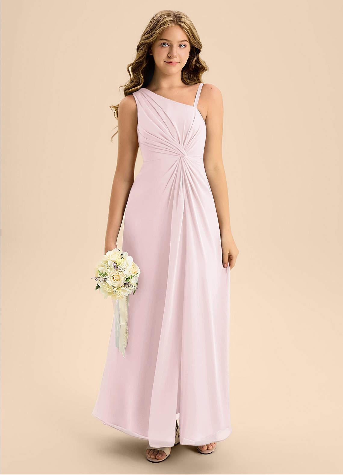 Azazie Brooke Junior Blushing Pink A-Line Side Slit Chiffon Dress image1