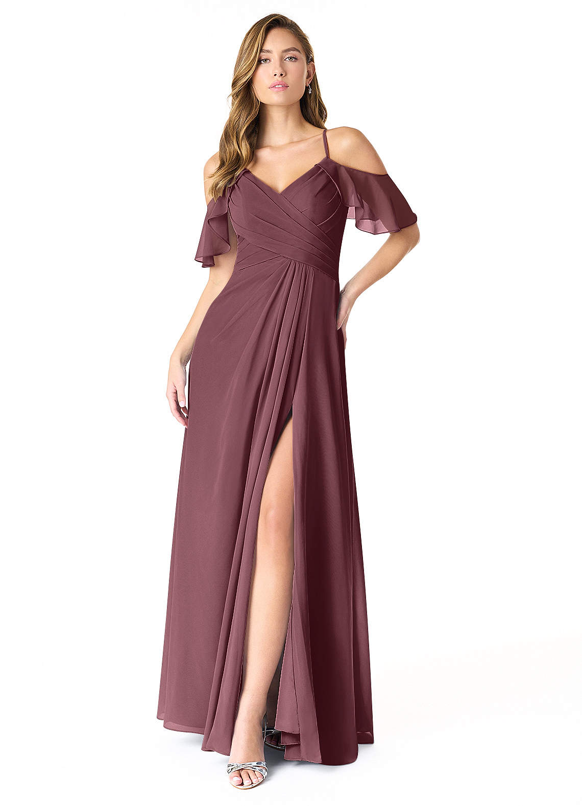 Azazie Dakota Bridesmaid Dresses Sangria A-Line V-Neck Pleated Chiffon Dress image1