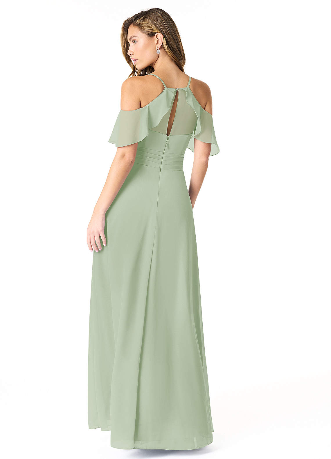 Azazie Dakota At-home Try On Dresses Dusty Sage A-Line V-Neck Pleated Chiffon Dress image1