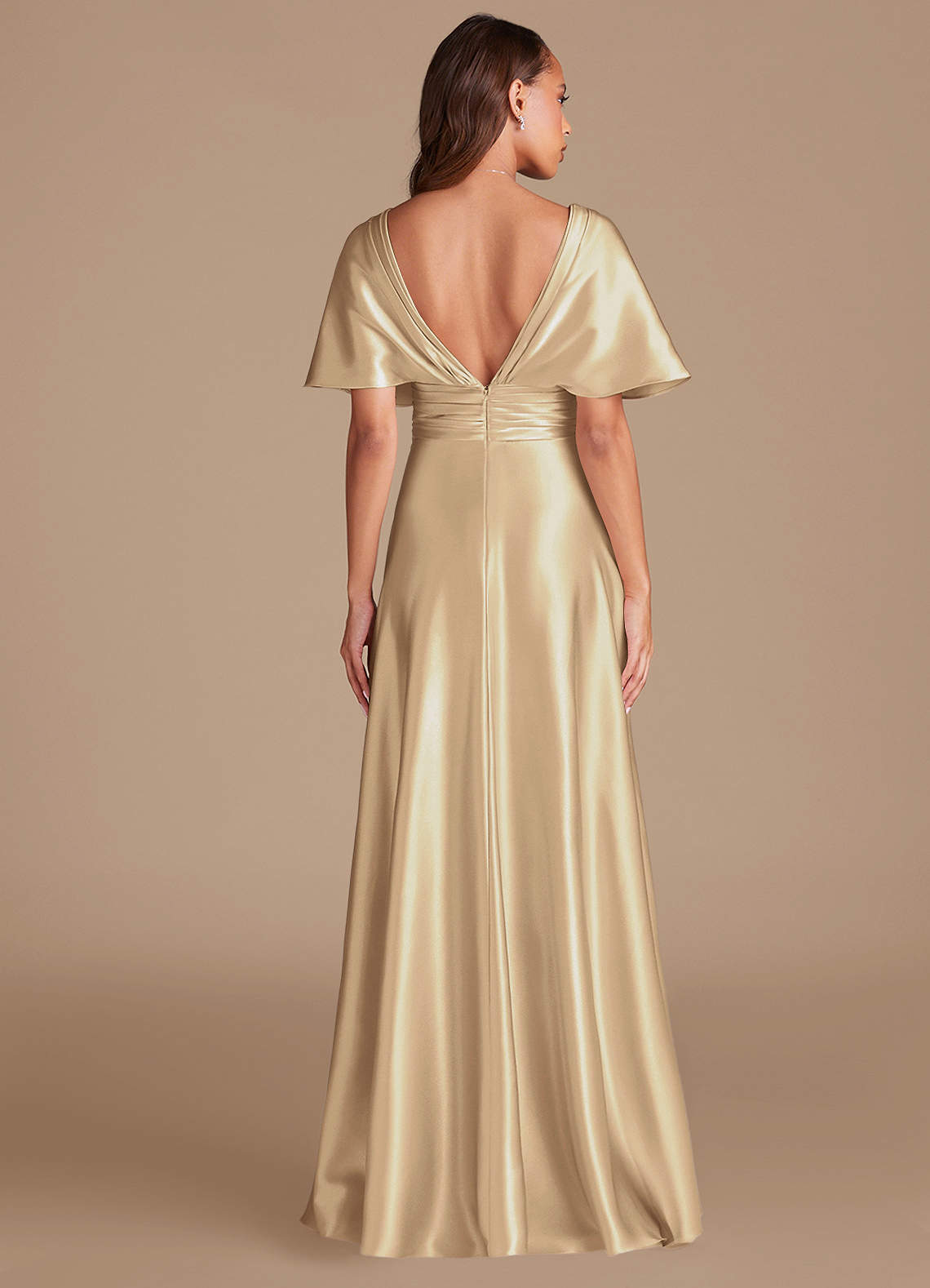 Azazie A-Line V-Neck Floor-Length Metallic Satin Bridesmaid Dresses - Champagne