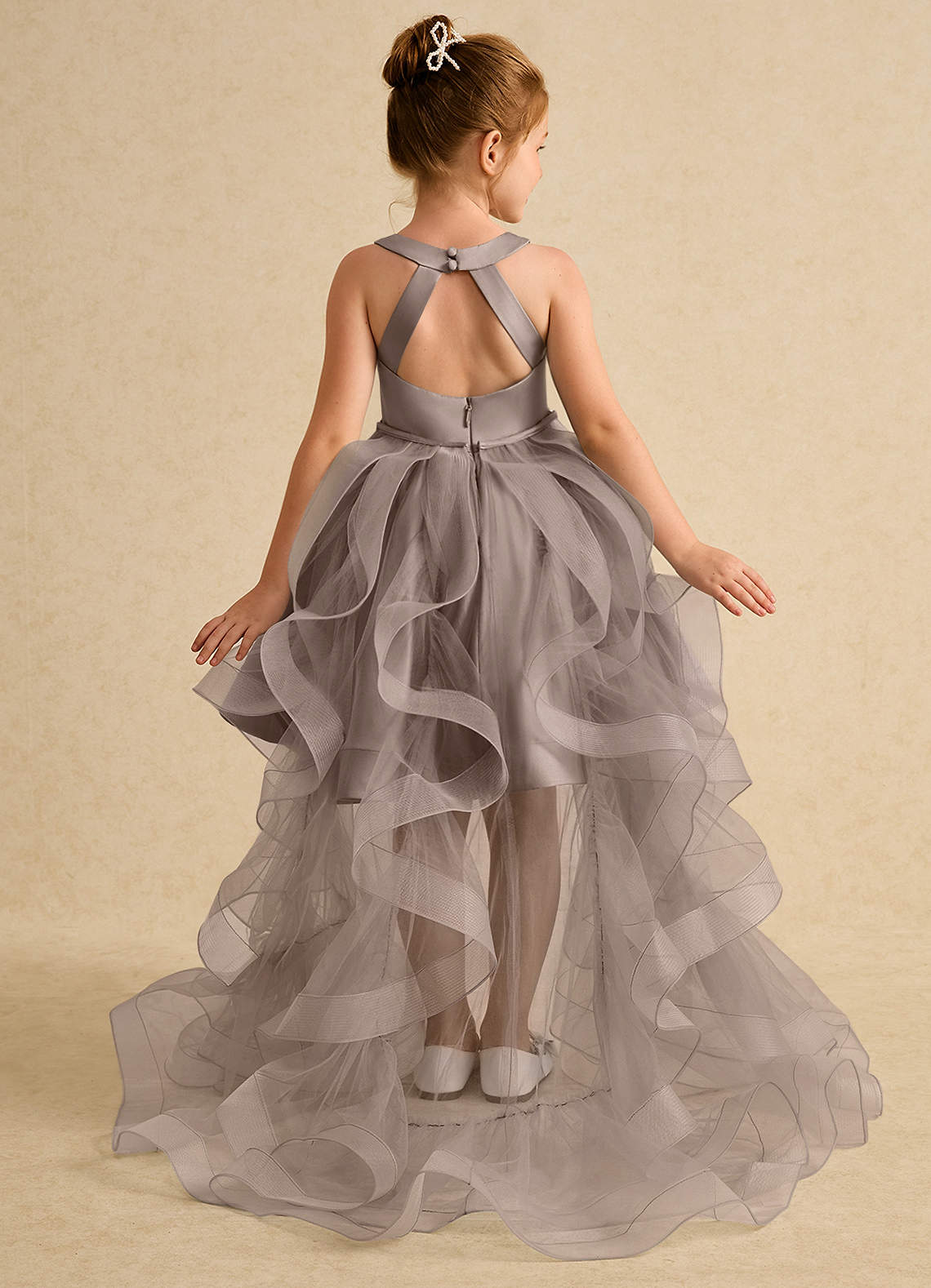 Azazie Julietta Robe Demoiselle D'honneur Fillette Robe Princesse en Tulle Convertible Taupe image1