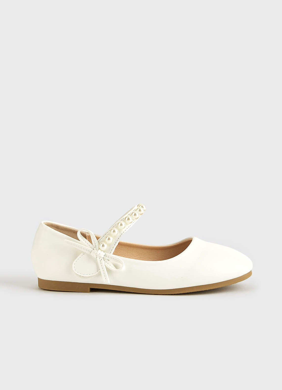 front Pearl Strap and Bow Girls Flat Shoes