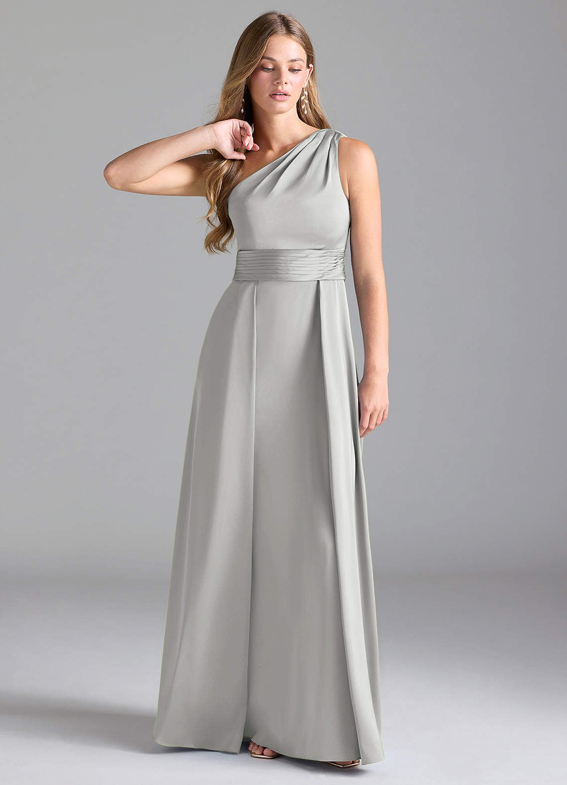Azazie Dallas Bridesmaid Dresses Silver A-Line One Shoulder Stretch Satin Dress image1